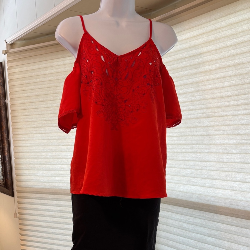 Eyeshadow Red Cold Shoulder Lace Blouse